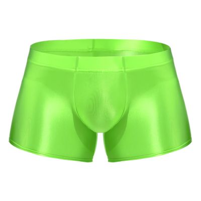 YiZYiF Men's Transparent Glossy See Through Short Pants Satin Bottom Tights Swimwear Underpants Fluorescent Green XX-Large