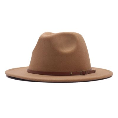 Lady Retro Fashion Panama Hat with Belt Buckle Women Classic Fedora Vintage Fedora Dress Wide Brim Floppy Hats Khaki