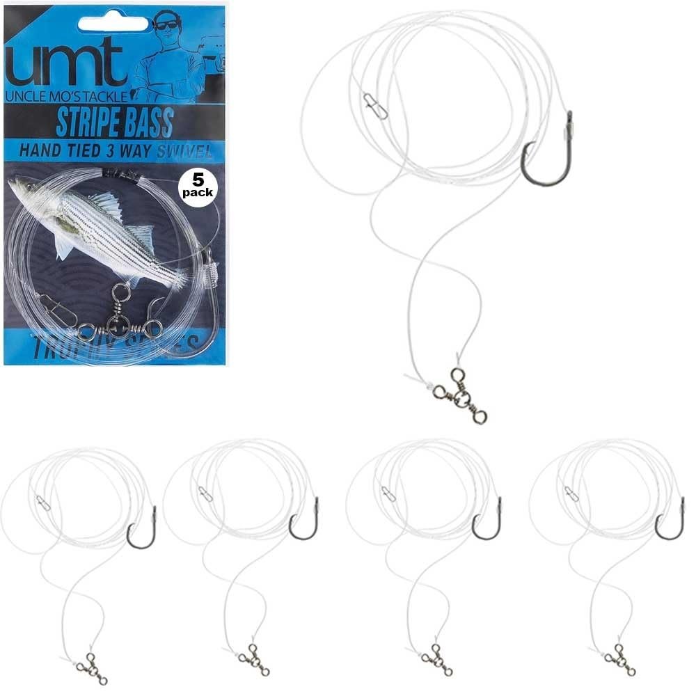 5 Pack Striped Bass Rigs 3-Way 6/0 Circle Hook - Uncle Mo's Saltwater Beach Fishing Tackle, Robust 60lb 3way Swivel, 4ft 60lb Monofilament Leader for Enhanced Bait Presentation