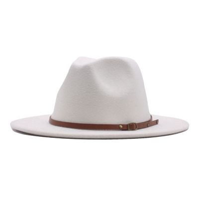 Lady Retro Fashion Panama Hat with Belt Buckle Women Classic Fedora Vintage Fedora Dress Wide Brim Floppy Hats White