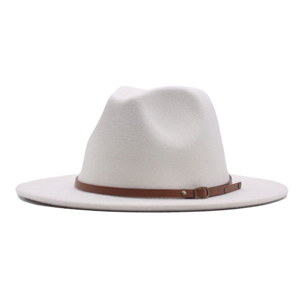 Lady Retro Fashion Panama Hat with Belt Buckle Women Classic Fedora Vintage Fedora Dress Wide Brim Floppy Hats White