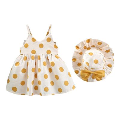 2023 Summer Girls Fashion Polka Dot Suspender Dress + Bow Sun Hat Flower Girls Dresses for (Yellow, 18-24 Months)