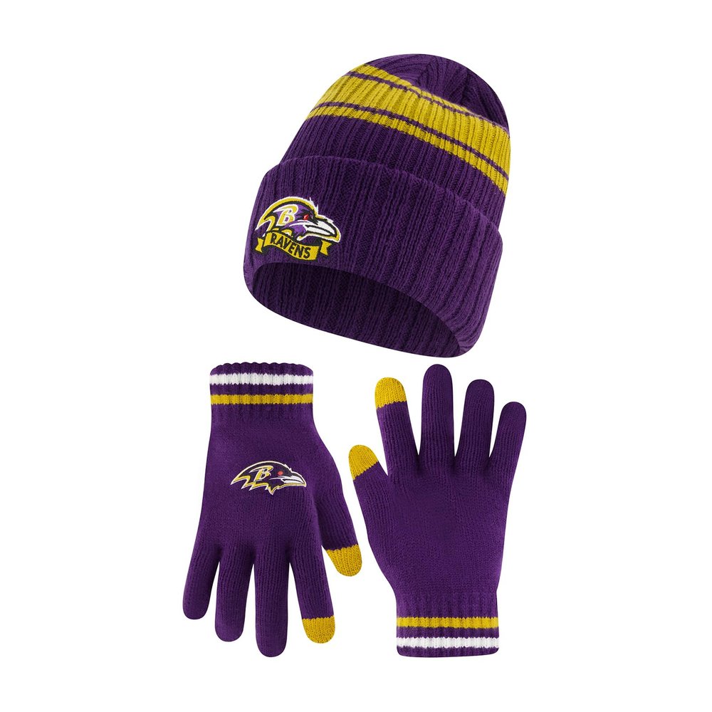 Ultra Game NFL Official Youth Super Soft Team Stripe Winter Beanie Knit Hat with Extra Warm Touch Screen Gloves, Baltimore Ravens, Team Color, 1SIZE