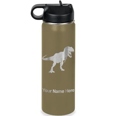 LaserGram Personalized Water Bottle, Tyrannosaurus Rex Dinosaur, Stainless Steel Double Wall Vacuum Insulated with Flip Top Straw, Custom Engraved Gift (20oz / 590ml Camo Green)