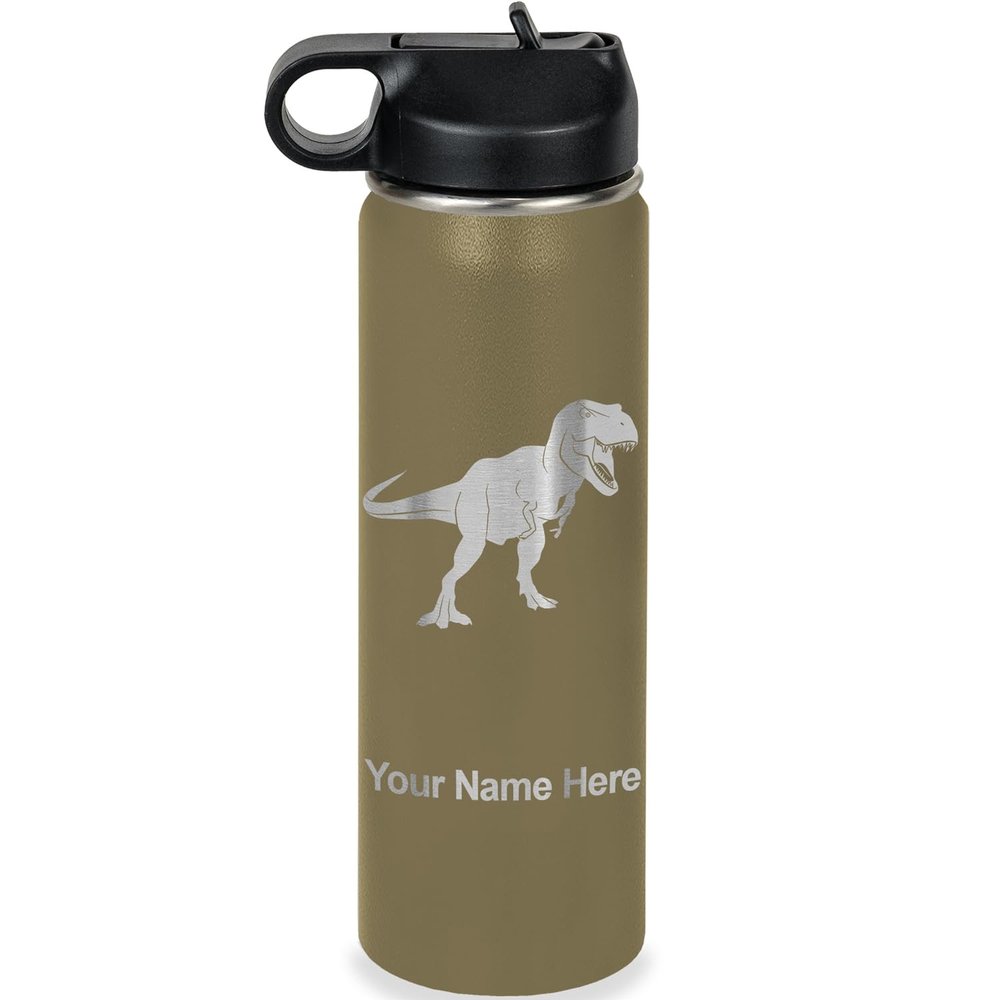 LaserGram Personalized Water Bottle, Tyrannosaurus Rex Dinosaur, Stainless Steel Double Wall Vacuum Insulated with Flip Top Straw, Custom Engraved Gift (20oz / 590ml Camo Green)