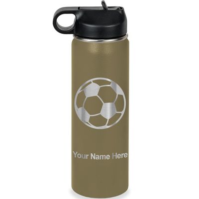 LaserGram Personalized Water Bottle, Soccer Ball, Stainless Steel Double Wall Vacuum Insulated with Flip Top Straw, Custom Engraved Gift (20oz / 590ml Camo Green)