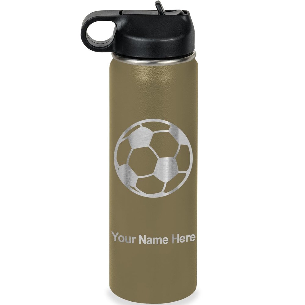 LaserGram Personalized Water Bottle, Soccer Ball, Stainless Steel Double Wall Vacuum Insulated with Flip Top Straw, Custom Engraved Gift (20oz / 590ml Camo Green)