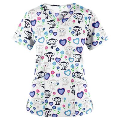 Uniformes Medicos Mujer V Neck Short Sleeve Nursing Scrubs Petite Cute Printed Stretchy Workwear Moisture Wicking Medical Scrub Tops (02-White,S)