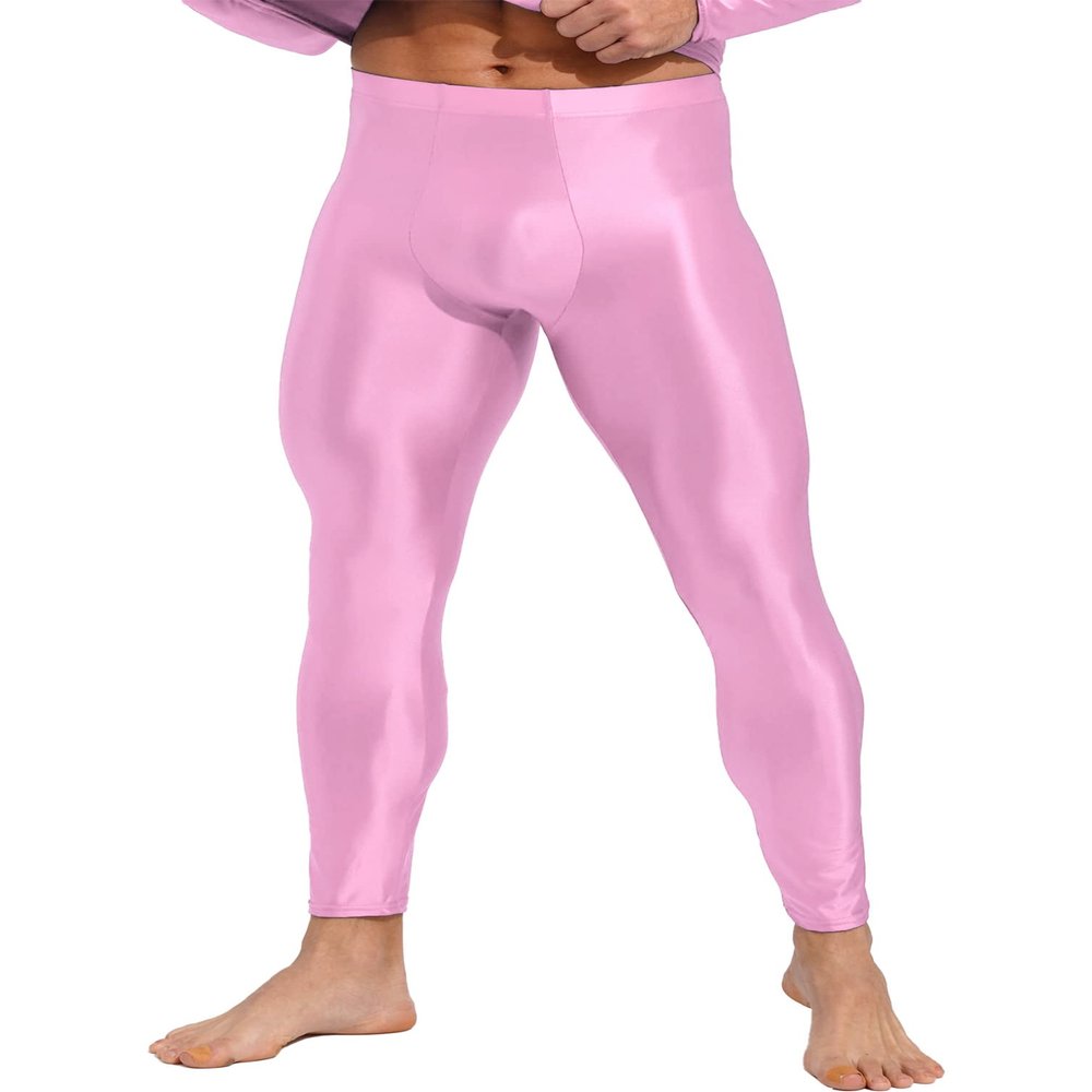 Linjinx Men's 70D Glossy Compression Quick Dry Fitness Sport Leggings Training Basketball Tights Pink Large