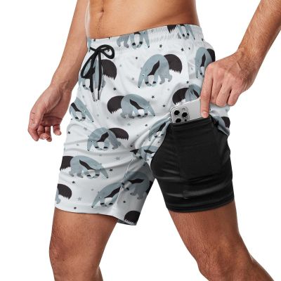Cute Cartoon Ant Eater and Stars Hawaiian Print Swim Trunks Mens Boardshorts with Compression Liner 2 in 1 Beach Shorts