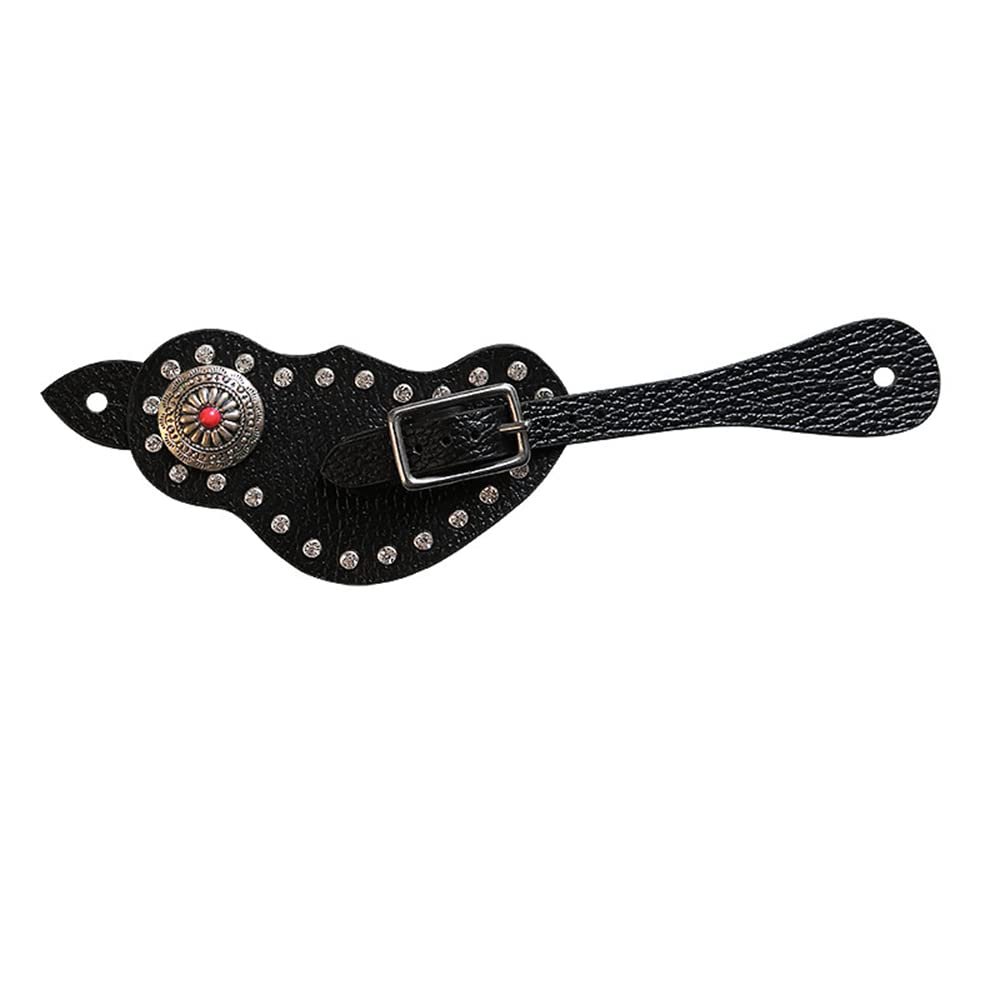 UNISTRENGH Western Cowhide Leather All Purpose Spur Straps Adjustable Length with Crystal Inlaid Decoration (Black)
