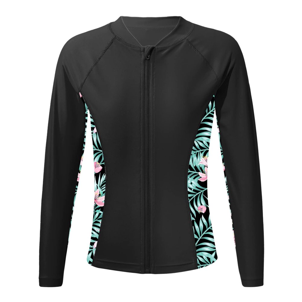 Sxiwei Kids Girls UPF 50+ Rash Guard Swim Shirt Long Sleeves Sun Protection Sunsuit Zipper Top Black 8 Years