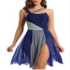 Agoky Lyrical Dance Costumes for Women Modern Contemporary Leotard Dress Mesh Overlay Shoulder Dress Navy_Blue Medium view 1