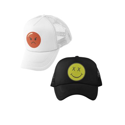ALLNTRENDS 2 Pcs Caps Angry and Smiley Face Embroidered Trucker Hat Adjustable Snapback (1 Angry White 1 Smiley Black)