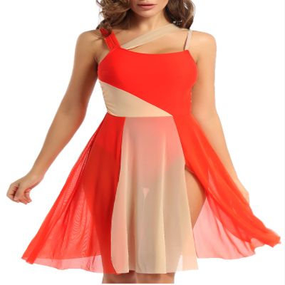 Agoky Lyrical Dance Costumes for Women Modern Contemporary Leotard Dress Mesh Overlay Shoulder Dress Orange Medium