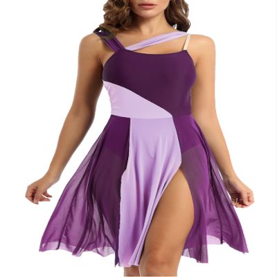 Agoky Lyrical Dance Costumes for Women Modern Contemporary Leotard Dress Mesh Overlay Shoulder Dress Violet Medium