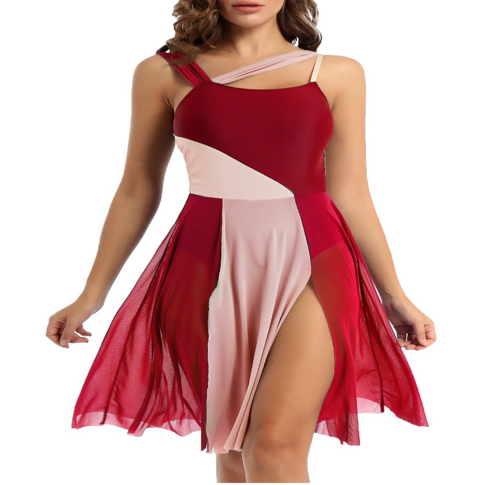 Agoky Lyrical Dance Costumes for Women Modern Contemporary Leotard Dress Mesh Overlay Shoulder Dress Burgundy X-Large