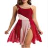Agoky Lyrical Dance Costumes for Women Modern Contemporary Leotard Dress Mesh Overlay Shoulder Dress Burgundy X-Large view 1