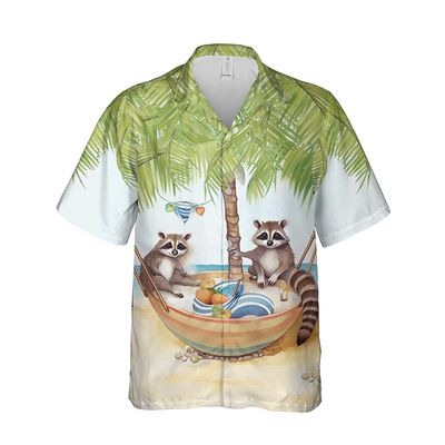 228CLOSET Raccoon Hawaiian Shirt for Men - Playing at Beach Button Down Shirt Men, Mens Hawaiian Shirt Set 32 Size L