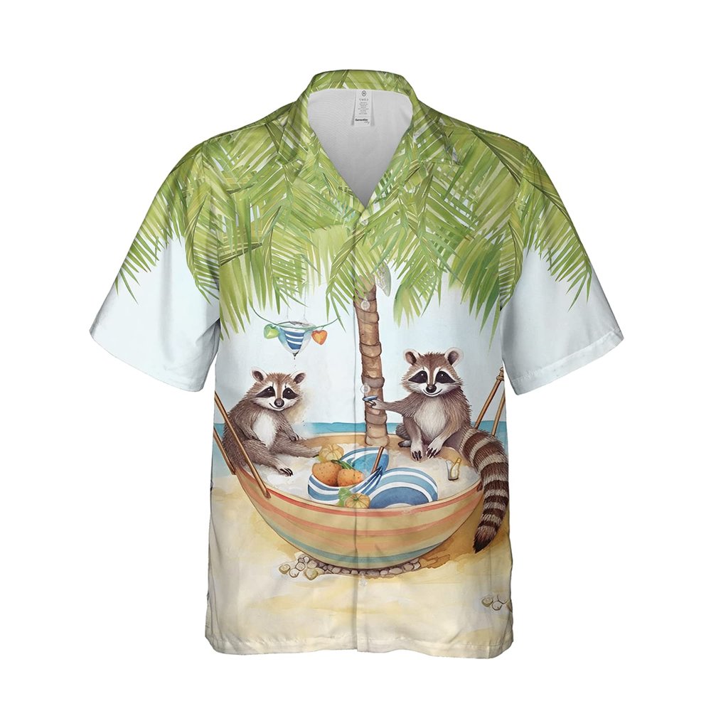 228CLOSET Raccoon Hawaiian Shirt for Men - Playing at Beach Button Down Shirt Men, Mens Hawaiian Shirt Set 32 Size L