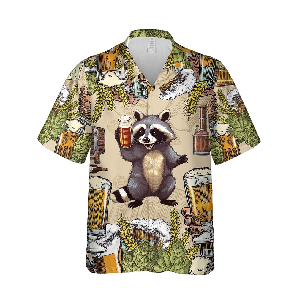228CLOSET Raccoon & Beer Hawaiian Shirt for Men - Beer Party Button Down Shirt Men, Mens Hawaiian Shirt Set 32 Size 2XL