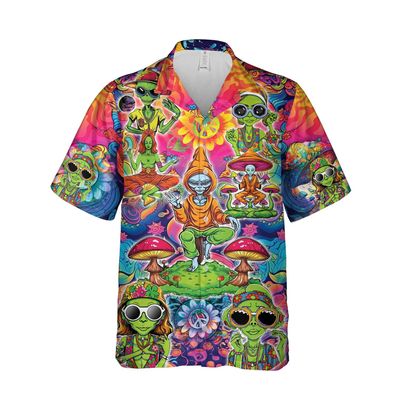 228CLOSET Hippie Alien Hawaiian Shirt for Men - Summer Button Down Shirt Men, Mens Hawaiian Shirt Set 33 Size M