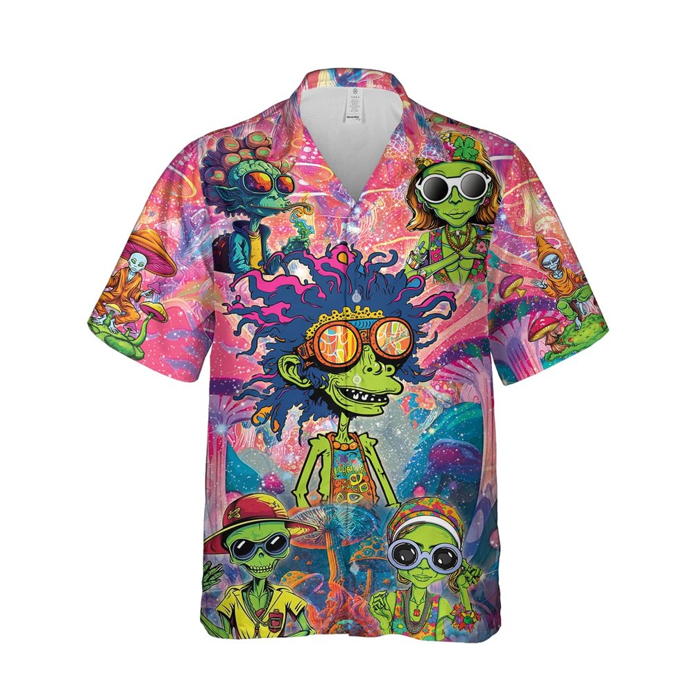 228CLOSET Alien Lovers Hawaiian Shirt for Men - Hippie Aliens Button Down Shirt Men, Mens Hawaiian Shirt Set 33 Size 4XL