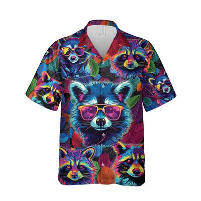 228CLOSET Neon Raccoons Hawaiian Shirt for Men - Raccoon Lovers Button Down Shirt Men, Mens Hawaiian Shirt Set 32 Size XL
