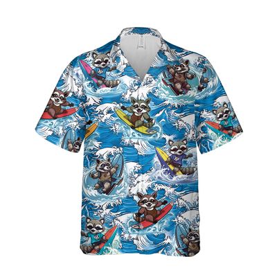 228CLOSET Raccoon Lovers Hawaiian Shirt for Men - Raccoon Surfing Button Down Shirt Men, Mens Hawaiian Shirt Set 32 Size M