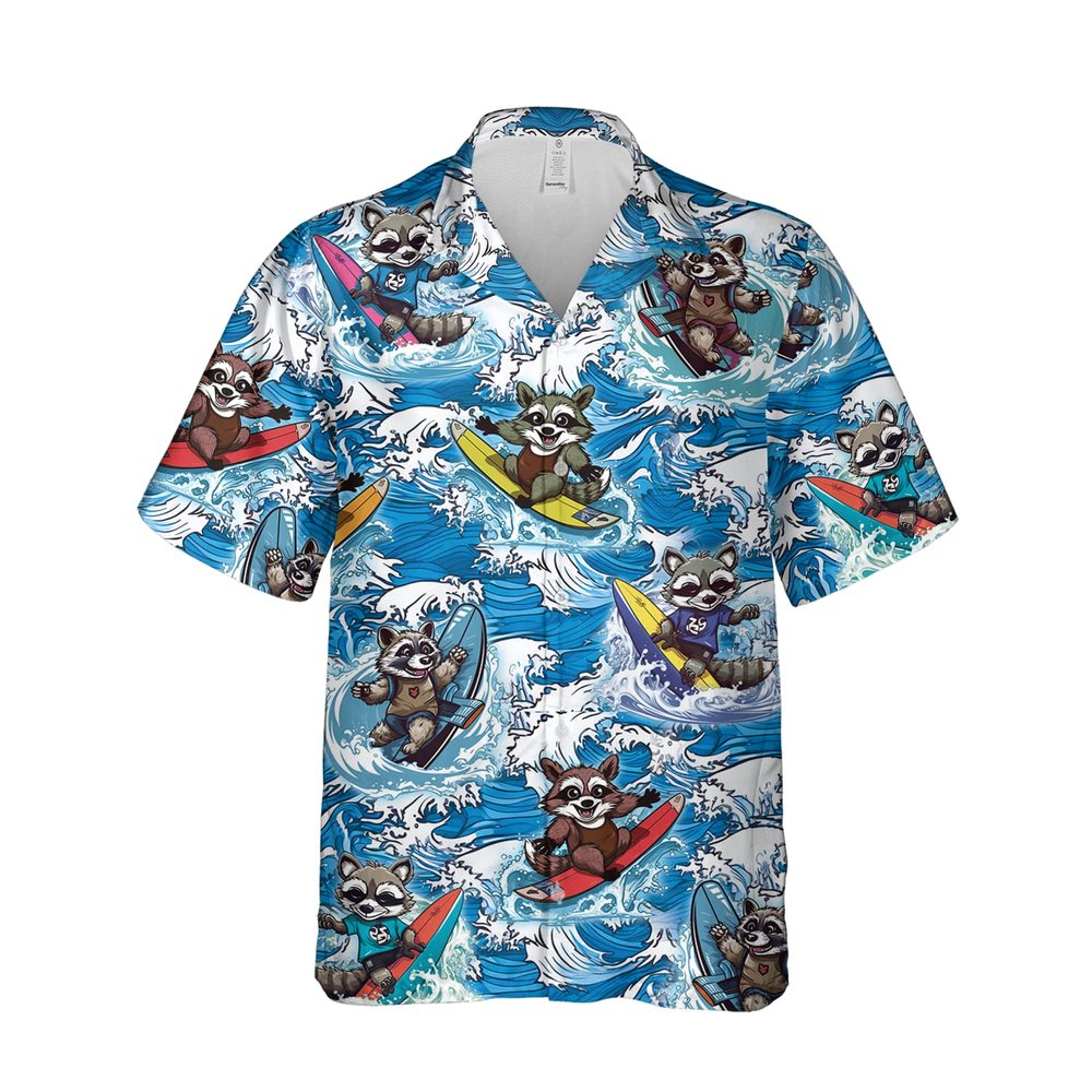 228CLOSET Raccoon Lovers Hawaiian Shirt for Men - Raccoon Surfing Button Down Shirt Men, Mens Hawaiian Shirt Set 32 Size M