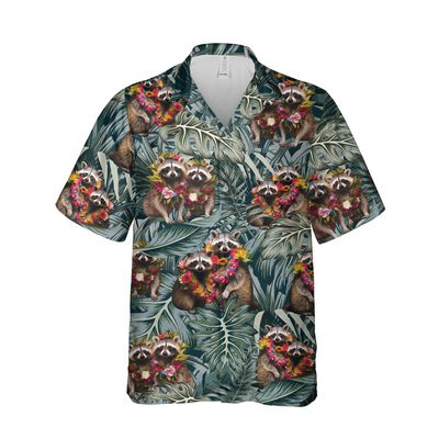 228CLOSET Raccoon Lovers Hawaiian Shirt for Men - Tropical Leaves Button Down Shirt Men, Mens Hawaiian Shirt Set 32 Size 4XL