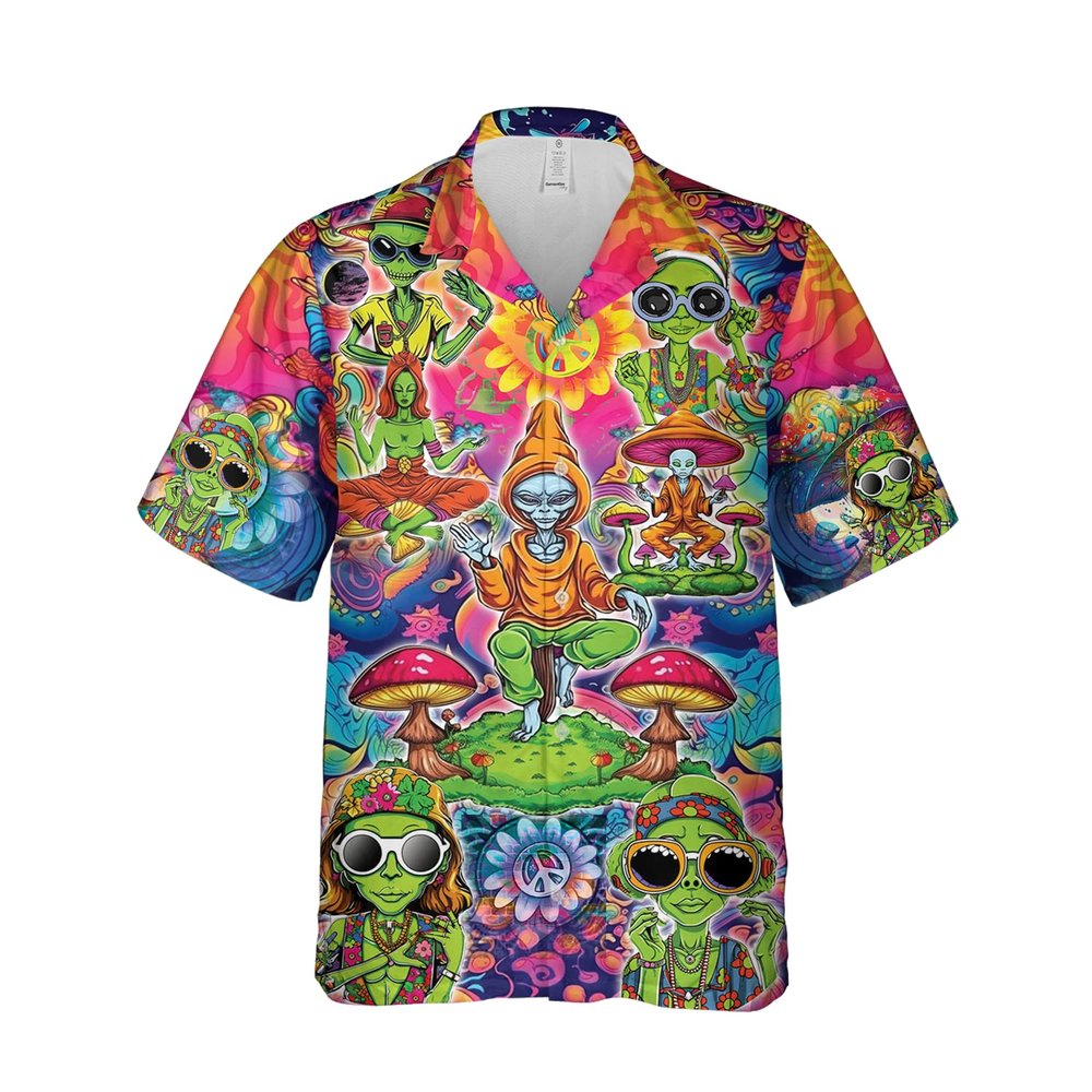 228CLOSET Hippie Alien Hawaiian Shirt for Men - Summer Button Down Shirt Men, Mens Hawaiian Shirt Set 33 Size L