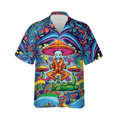 228CLOSET Alien Meditate Hawaiian Shirt for Men - Mushroom Psychedelic Button Down Shirt Men, Mens Hawaiian Shirt Set 33 Size 5XL