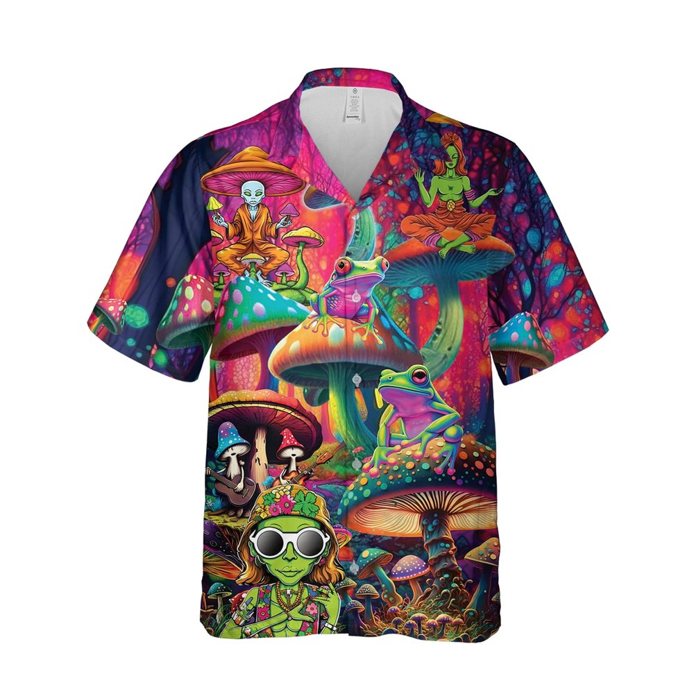 228CLOSET Alien Psychedelic Hawaiian Shirt for Men - Frog & Mushroom Button Down Shirt Men, Mens Hawaiian Shirt Set 33 Size M