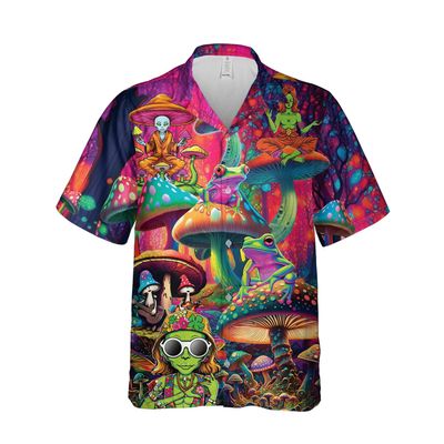 228CLOSET Alien Psychedelic Hawaiian Shirt for Men - Frog & Mushroom Button Down Shirt Men, Mens Hawaiian Shirt Set 33 Size 4XL