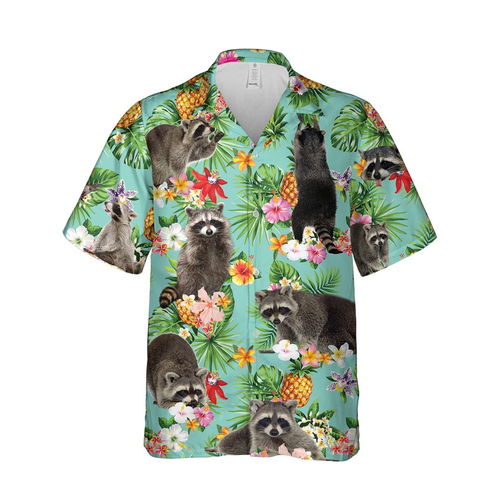 228CLOSET Raccoon Lovers Hawaiian Shirt for Men - Tropical Summer Button Down Shirt Men, Mens Hawaiian Shirt Set 32 Size L