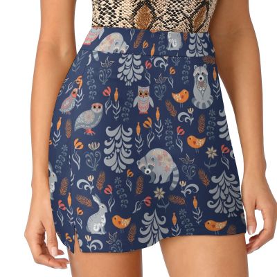 Autumn Forest Animal Women's Tennis Skirts Inner Shorts Elastic Sports Golf Skorts with Pockets