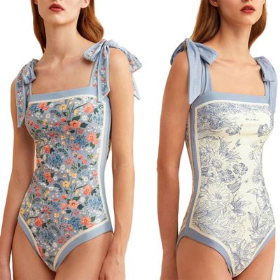 Women's One Piece Swimsuit Floral Print Bathing Suit Tummy Control Reversible Tie Shoulder Swimming Swimwear Suits