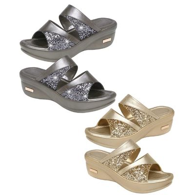 1pair Women Summer Wedge Slippers Thick Sole Fish Mouth Sandals for Casual Beach Wear Stylish Open Toe Design Comfortable Footwear with Chic Shiny Decor Gold