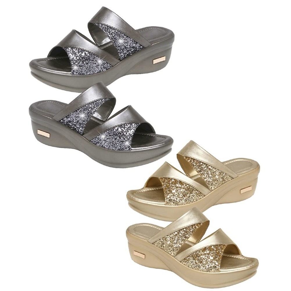 1pair Women Summer Wedge Slippers Thick Sole Fish Mouth Sandals for Casual Beach Wear Stylish Open Toe Design Comfortable Footwear with Chic Shiny Decor Gold