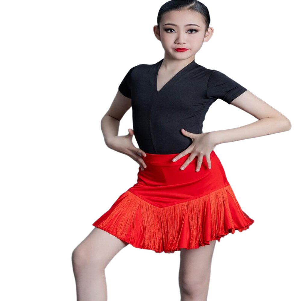 OTMYIGO Girl Latin Dance Dress Tassel Ballroom Children Dance Competition Costume Salsa Tango Dresses Dancing Stage Performance Clothing,Red,120
