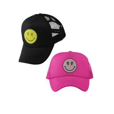 ALLNTRENDS 2 Pcs Caps Smiley and Girl Smiley Face Embroidered Trucker Hat Adjustable Snapback (1 Smiley Black 1 Girl Smiley Face Neon Pink)
