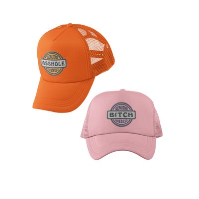 2 Pcs Caps Genuine A Hole and B Tch Embroidered Trucker Hat Adjustable Snapback (1 Ahole Neon Orange 1 Btch Light Pink)