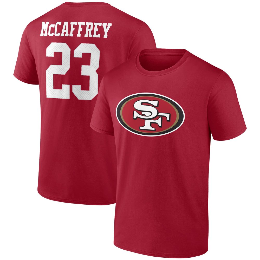 Fanatics Men's Christian McCaffrey Scarlet San Francisco 49ers Player Icon Name & Number T-Shirt