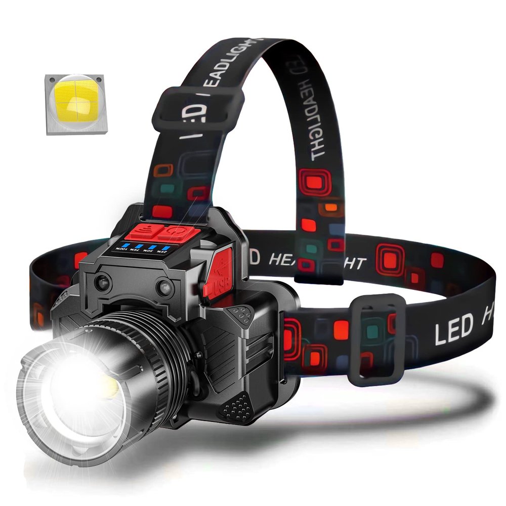 BiteBoom Rechargeable Super Bright LED Headlamps - Mechanical Rotational Zoom, 90Angle Adjustable, USB Head Lamp with Power Bank - High Lumen - Waterproof for Camping, Hiking, Fishing