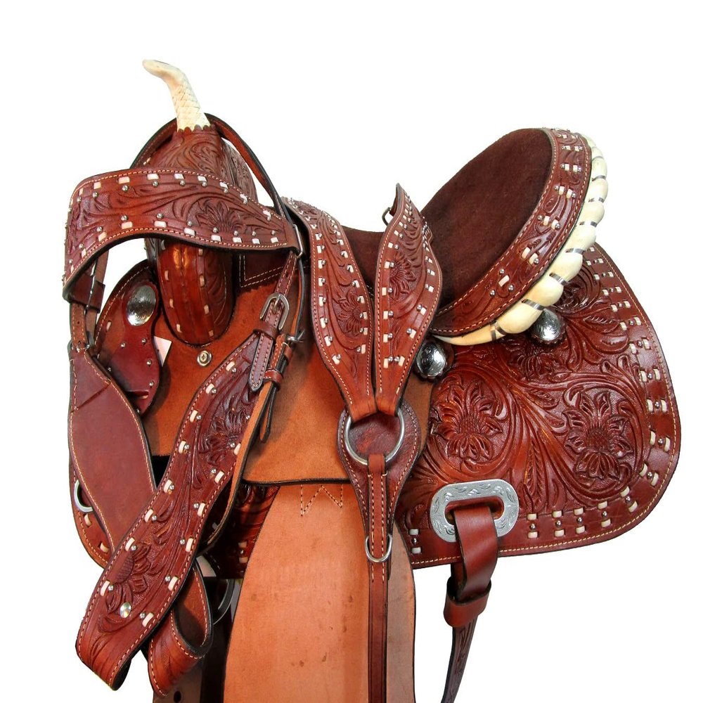 Western Saddle Barrel Racing Horse Pleasure Trail Floral Tooled Leather Rodeo Cowboy Tack Set 15 16 17 18 (Buckstitch, 16)