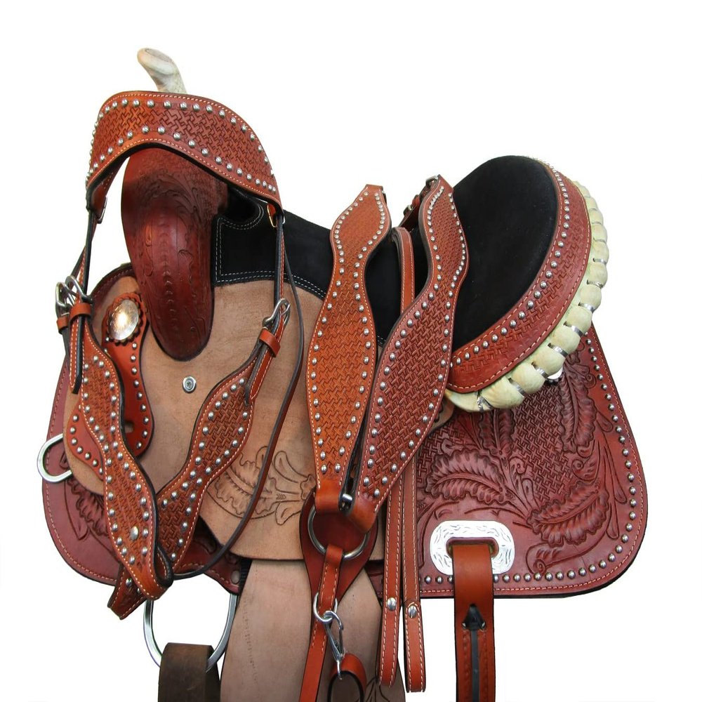 Western Saddle Barrel Racing Horse Pleasure Trail Floral Tooled Leather Rodeo Cowboy Tack Set 15 16 17 18 (Oak Tooled, 17)