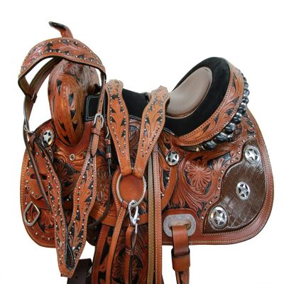 Western Saddle Barrel Racing Horse Pleasure Trail Floral Tooled Leather Rodeo Cowboy Tack Set 15 16 17 18 (Alligator Show, 17)