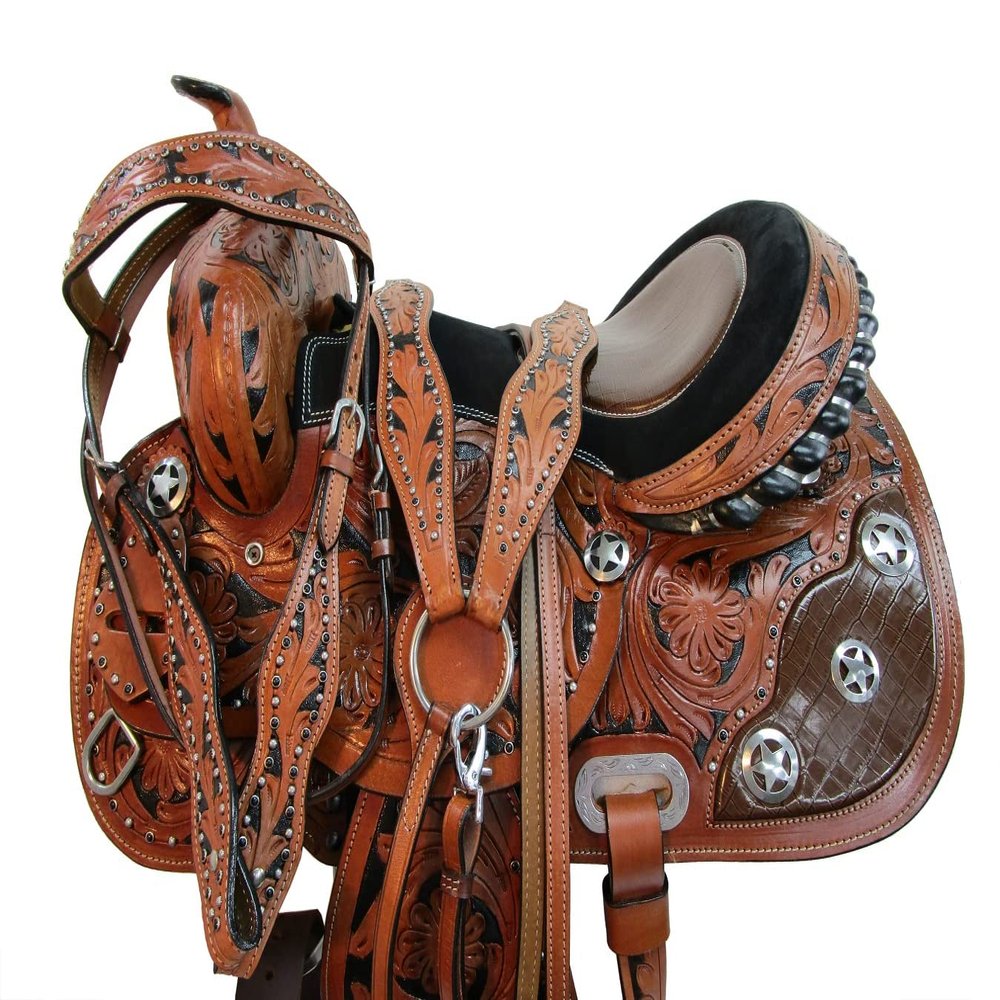 Western Saddle Barrel Racing Horse Pleasure Trail Floral Tooled Leather Rodeo Cowboy Tack Set 15 16 17 18 (Alligator Show, 17)