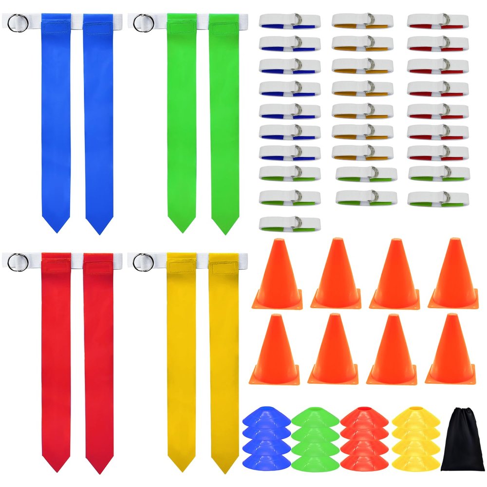 Flag Football Set, 28 Players Flag Football Belts & Flags Set, Includes 28 Belts, 56 Football Flags, 8 Cones and 16 Disc Cones (28 Players)